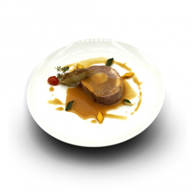 Tournedos de canard rôti, coeur de foie gras, sauce épices d