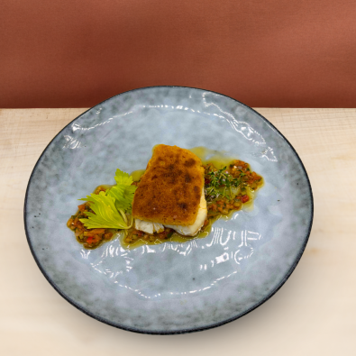 Cabillaud en croûte de parmesan et chorizo, sauce vierge